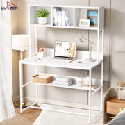Lukzer Wooden & Metal Study Desk with 3 Storage Shelf & Open Bookshelf for Home (MST-011/White & White)