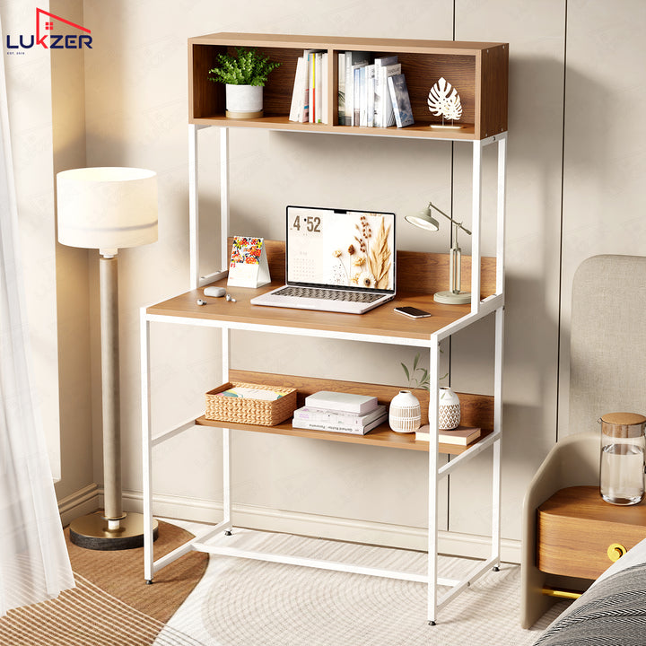Lukzer Modern Study Table with Open Bookshelf & Hutch (MST-010/White & Oak Brown)