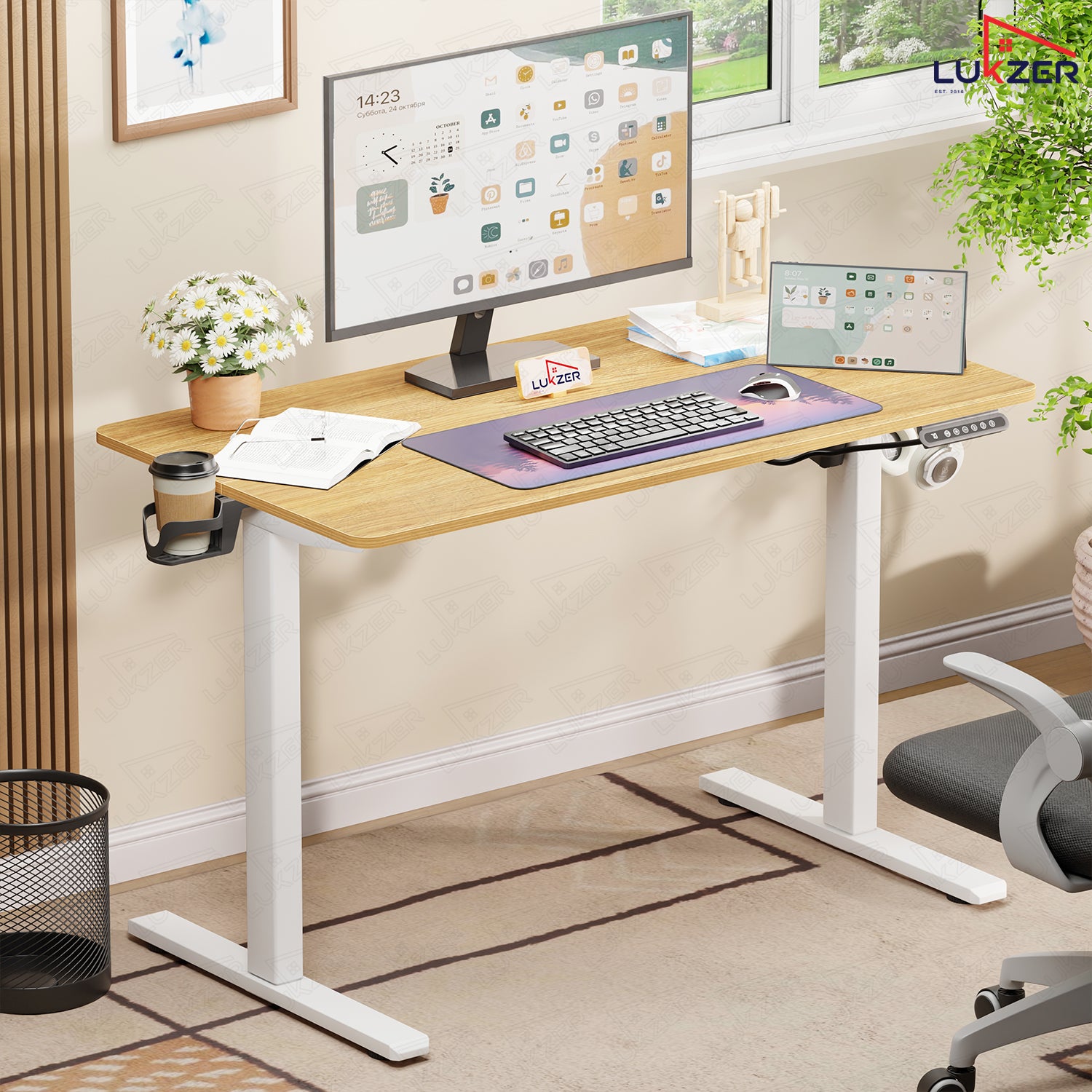 Lukzer Electric Automatic Height Adjustable Sit Stand Desk EST-003 ( White & Oak Light )