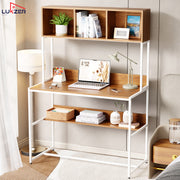 Lukzer Wooden & Metal Study Desk with 3 Storage Shelf & Open Bookshelf for Home (MST-011/White & Oak Brown)