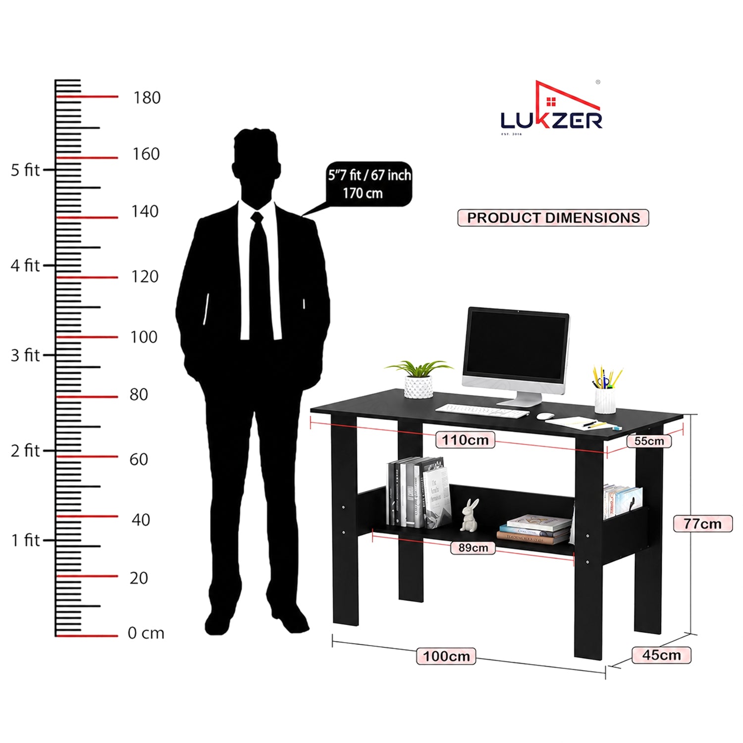 Lukzer Modern Computer Desk with Bookshelf Study Table Made with Engineered Wood (ST-005/Black)