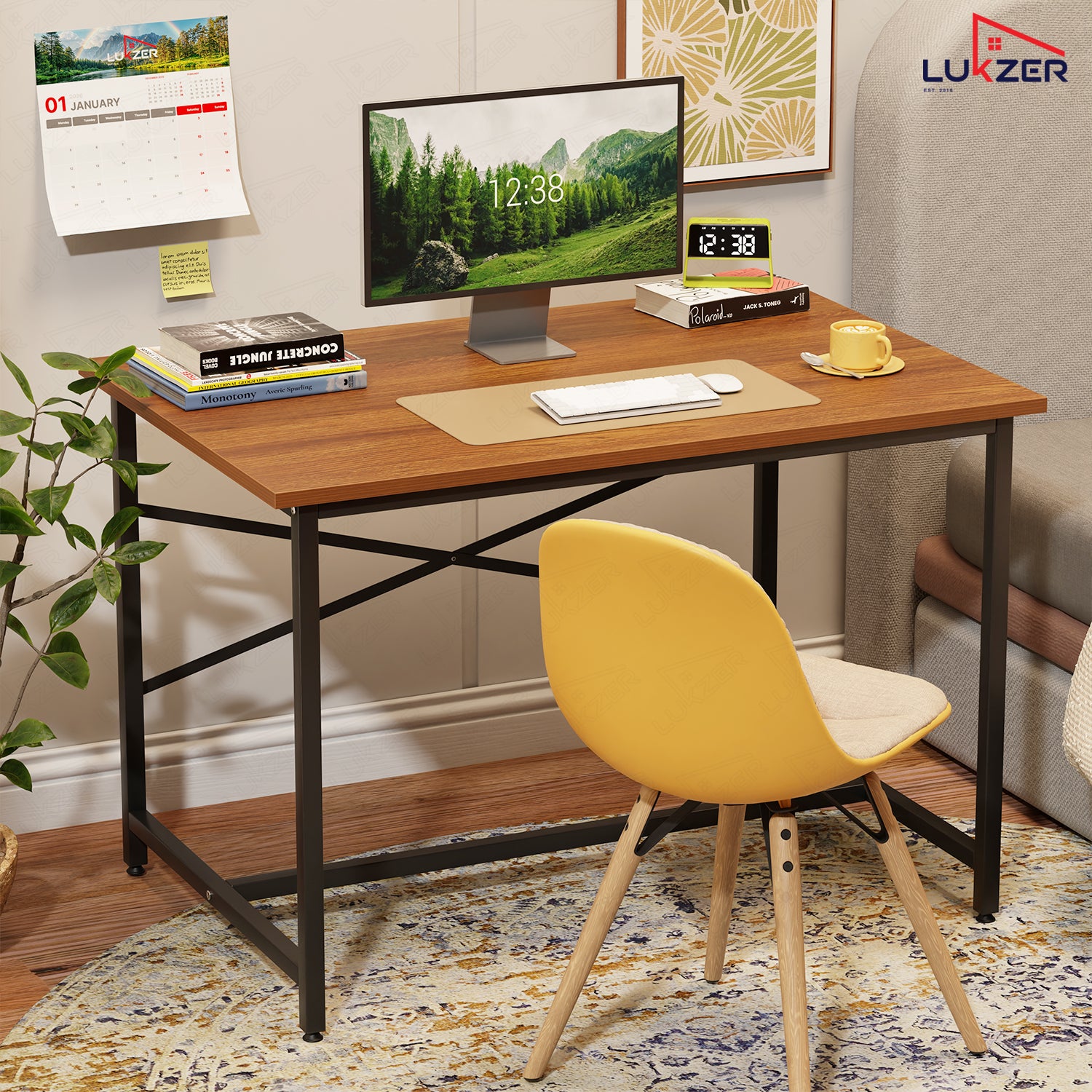 Lukzer X-Support Metal Frame & Engineered Wood Study Table for Home & Office (MST-008) Black &  Oak Brown