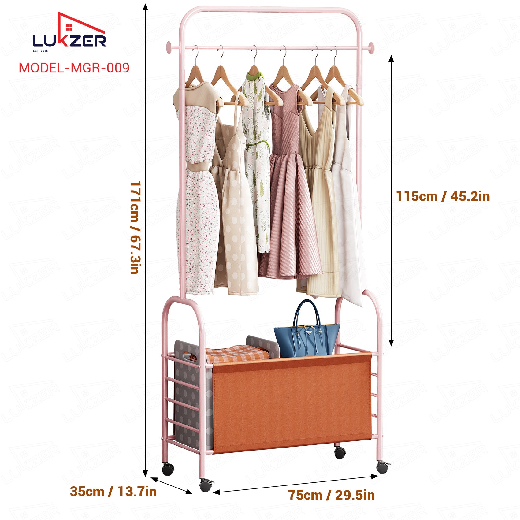 Lukzer Metal Clothes Rail Stand with 4 Side Hooks &amp; 1-Tier Leather Storage Bin, 360° Rotating Wheels | Garment Rack Organizer for Bedroom, Closet, Dorm, Laundry | MGR-009 (171 x 75 x 35)