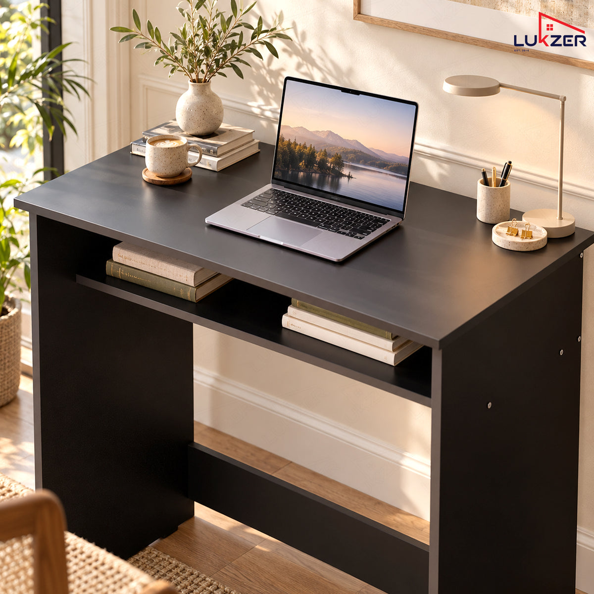 Lukzer Engineered Wood Study Table with Bookshelf (ST-002/Black)