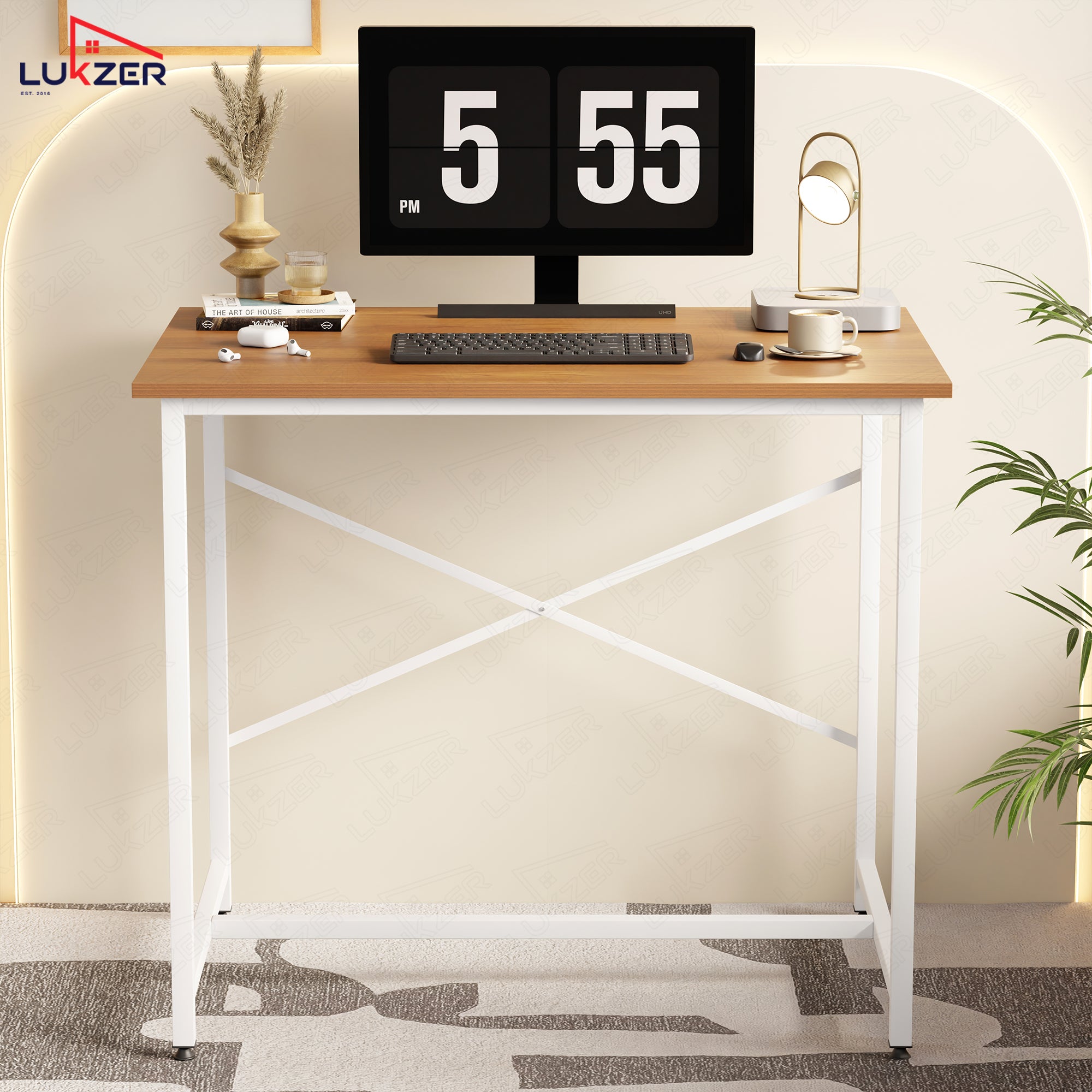 Lukzer X-Support Metal Frame & Engineered Wood Study Table for Home & Office (MST-008) white &  Oak Brown