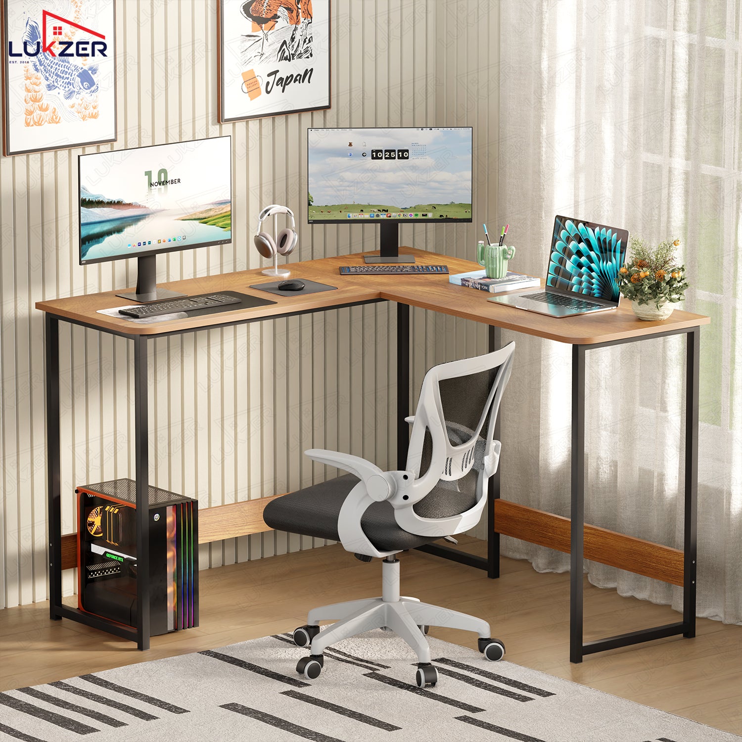 Lukzer Engineered Wood L-Shaped Corner Study and Computer Table for Home or Office (MST-007) Black & Oak Brown
