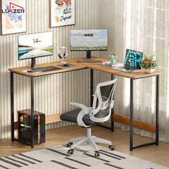 Lukzer Engineered Wood L-Shaped Corner Study and Computer Table for Home or Office (MST-007) Black & Oak Brown