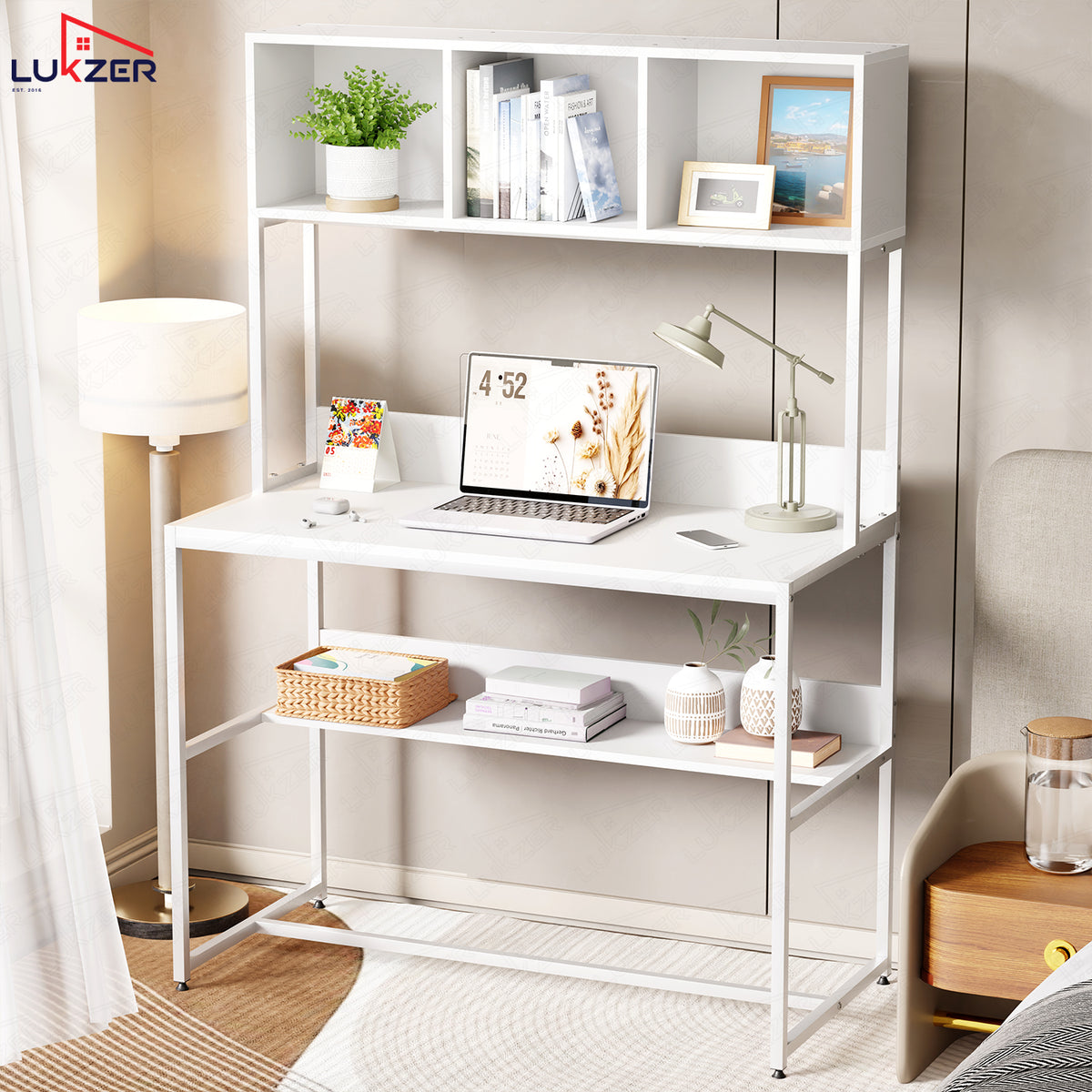 Lukzer Wooden & Metal Study Desk with 3 Storage Shelf & Open Bookshelf for Home (MST-011/White & White)