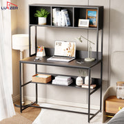 Lukzer Wooden & Metal Study Desk with 3 Storage Shelf & Open Bookshelf for Home (MST-011/Black & Black)
