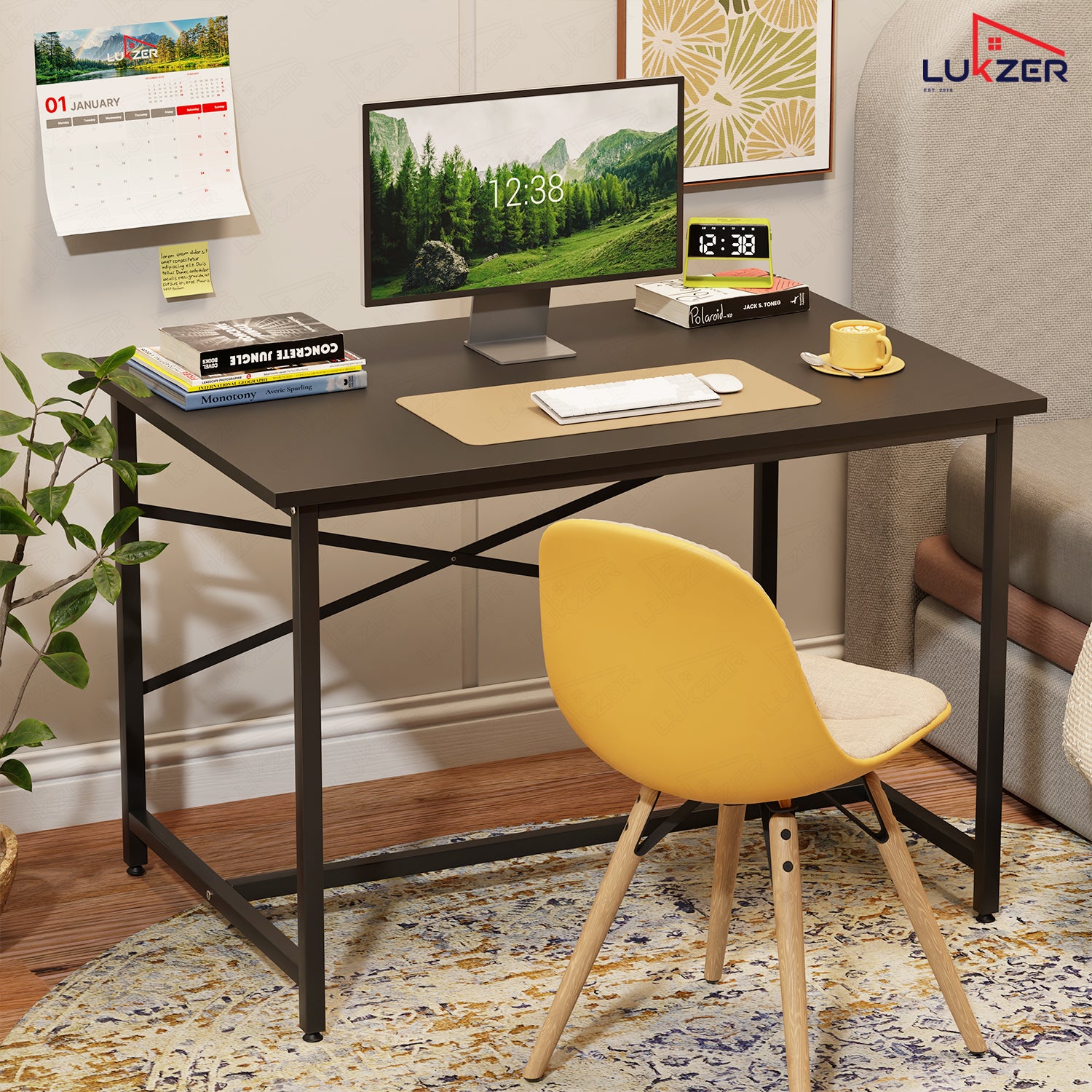 Lukzer X-Support Metal Frame & Engineered Wood Study Table for Home & Office (MST-008) Black &  Black