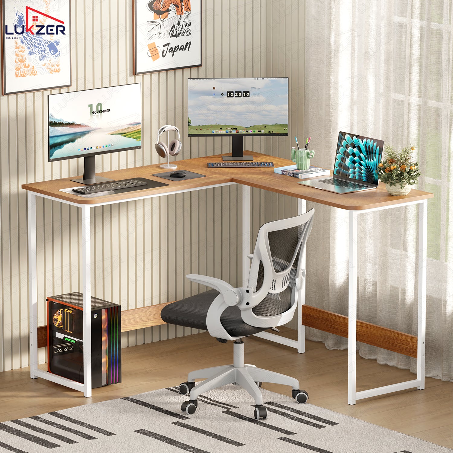 Lukzer Engineered Wood L-Shaped Corner Study and Computer Table for Home or Office (MST-007) white & Oak Brown