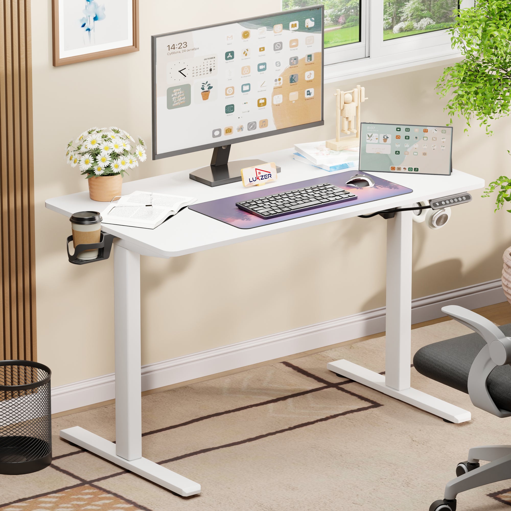 Lukzer Electric Automatic Height Adjustable Sit Stand Desk for Home &amp; Office | EST - 003 | (Black &amp; Oak Brown/Black &amp; Light Oak/Black &amp; Black/White &amp; White/White &amp; Oak Light/White &amp; Oak Brown)