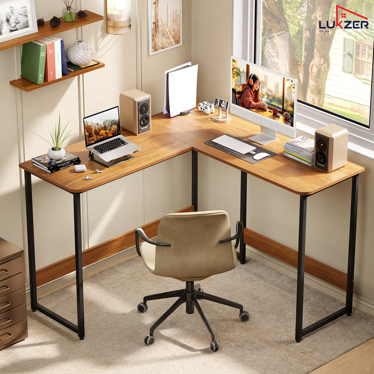 Lukzer Engineered Wood L-Shaped Corner Study and Computer Table for Home or Office (MST-007) Black & Oak Brown