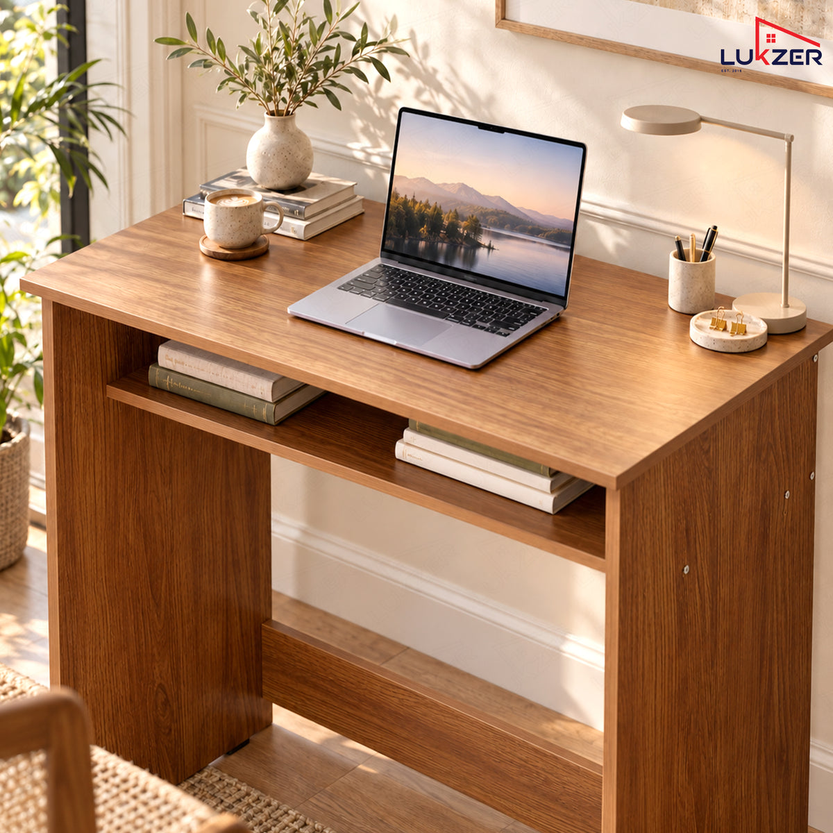 Lukzer Engineered Wood Study Table with Bookshelf (ST-002/Oak Brown)