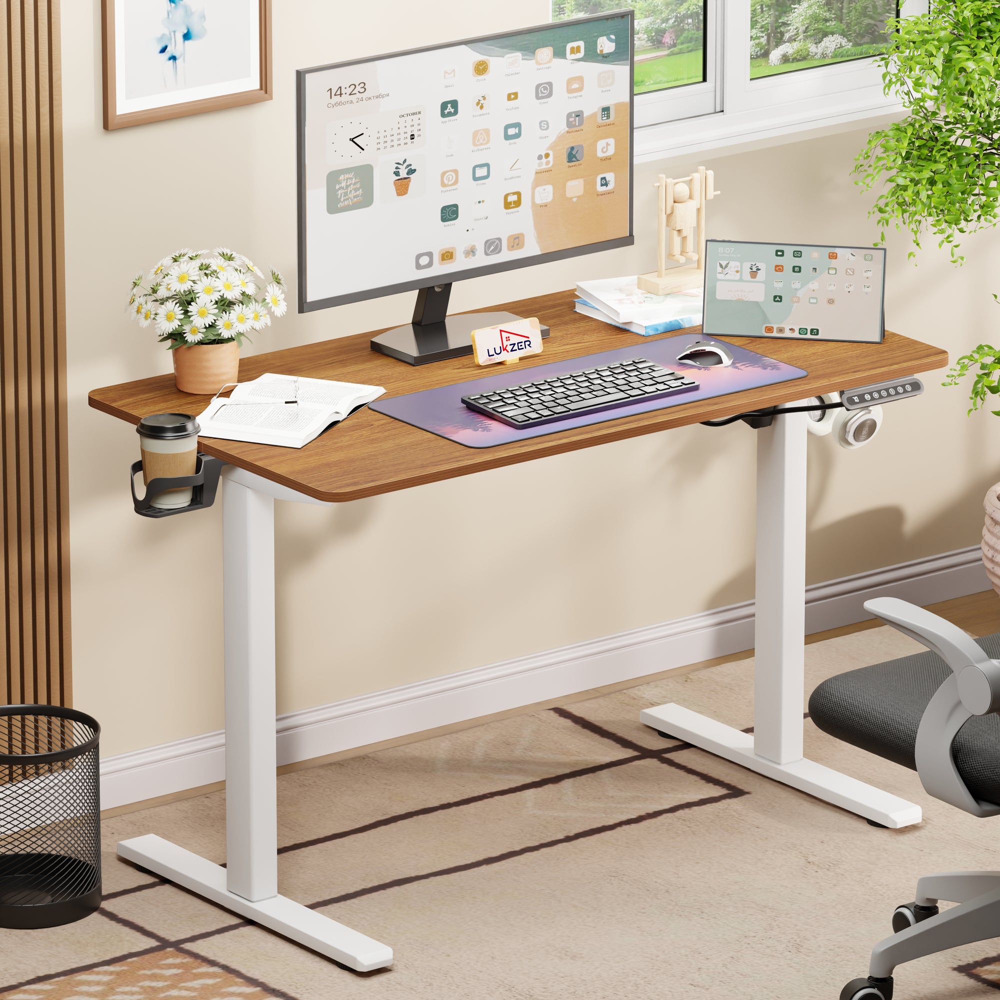 Lukzer Electric Automatic Height Adjustable Sit Stand Desk for Home &amp; Office | EST - 003 | (Black &amp; Oak Brown/Black &amp; Light Oak/Black &amp; Black/White &amp; White/White &amp; Oak Light/White &amp; Oak Brown)