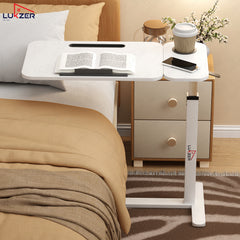 Lukzer Adjustable Overbed Study Table with Tilt Top, Cupholder & Wheels (MST-003/White & White)