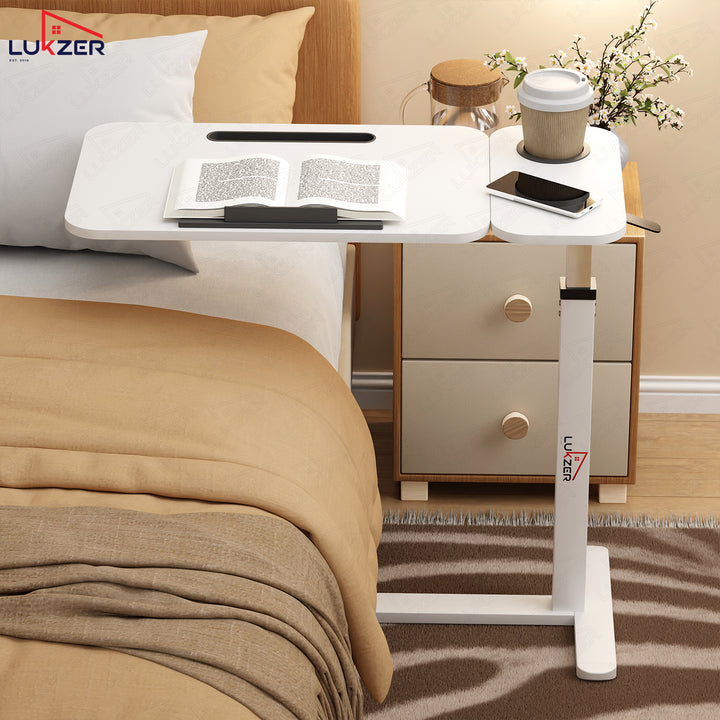 Lukzer Adjustable Overbed Study Table with Tilt Top, Cupholder & Wheels (MST-003/White & White)