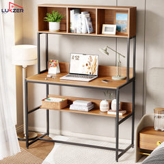 Lukzer Wooden & Metal Study Desk with 3 Storage Shelf & Open Bookshelf for Home (MST-011/Black & Oak Brown)