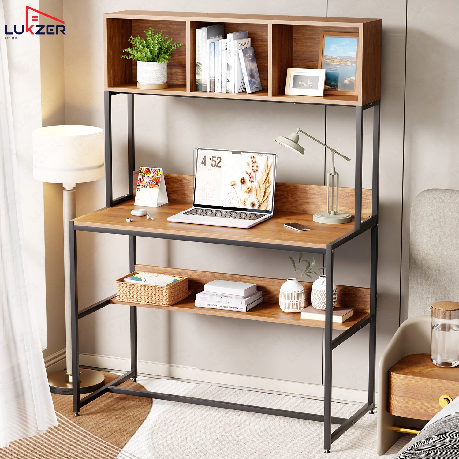 Lukzer Wooden & Metal Study Desk with 3 Storage Shelf & Open Bookshelf for Home (MST-011/Black & Oak Brown)