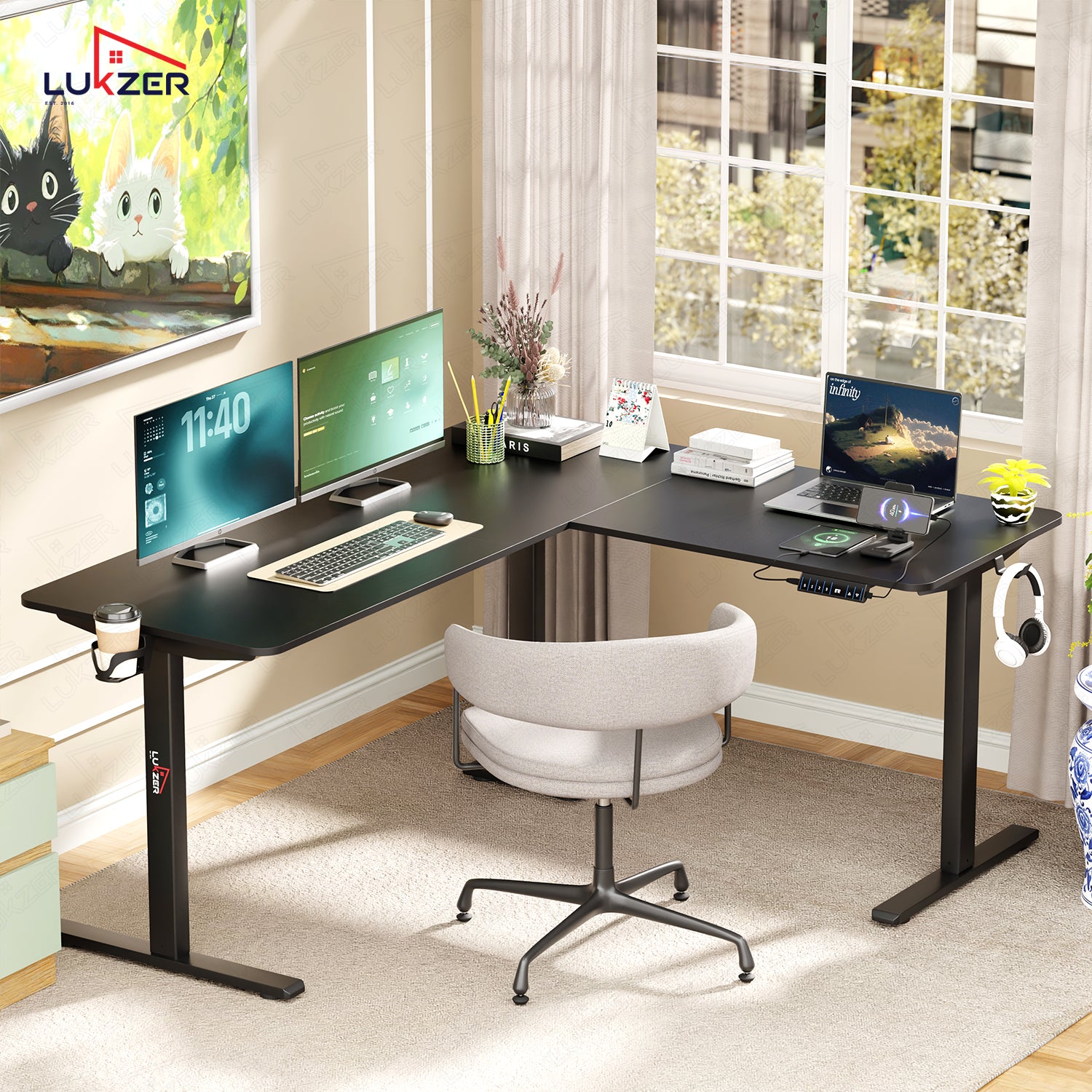 Lukzer Electric Height Adjustable Desk with USB & Type-C Study Table (EST-001/UC-Black & Black) 3-Years Warranty