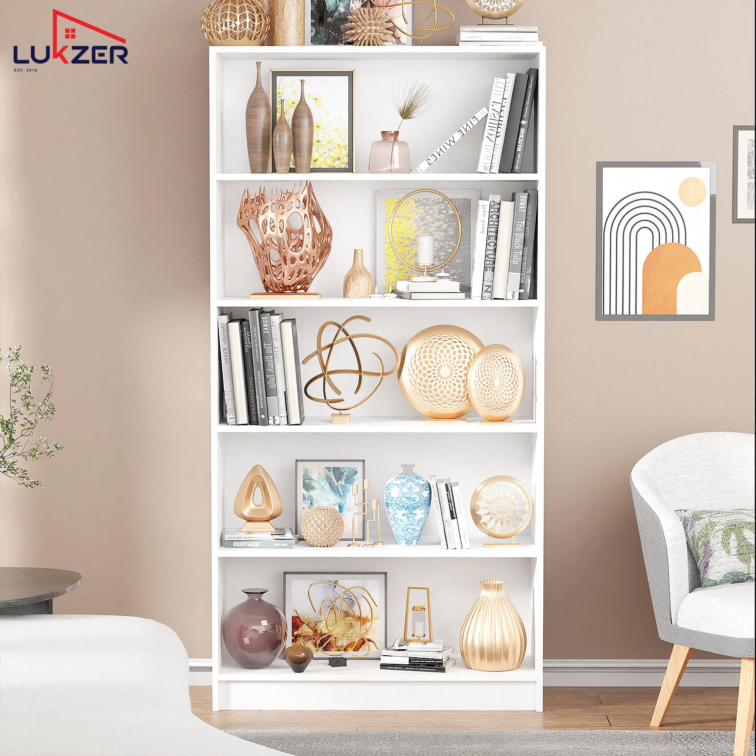 Lukzer Engineered Wood 6 Tier Bookcase Open Bookshelf & Display Rack (MR-032/White)