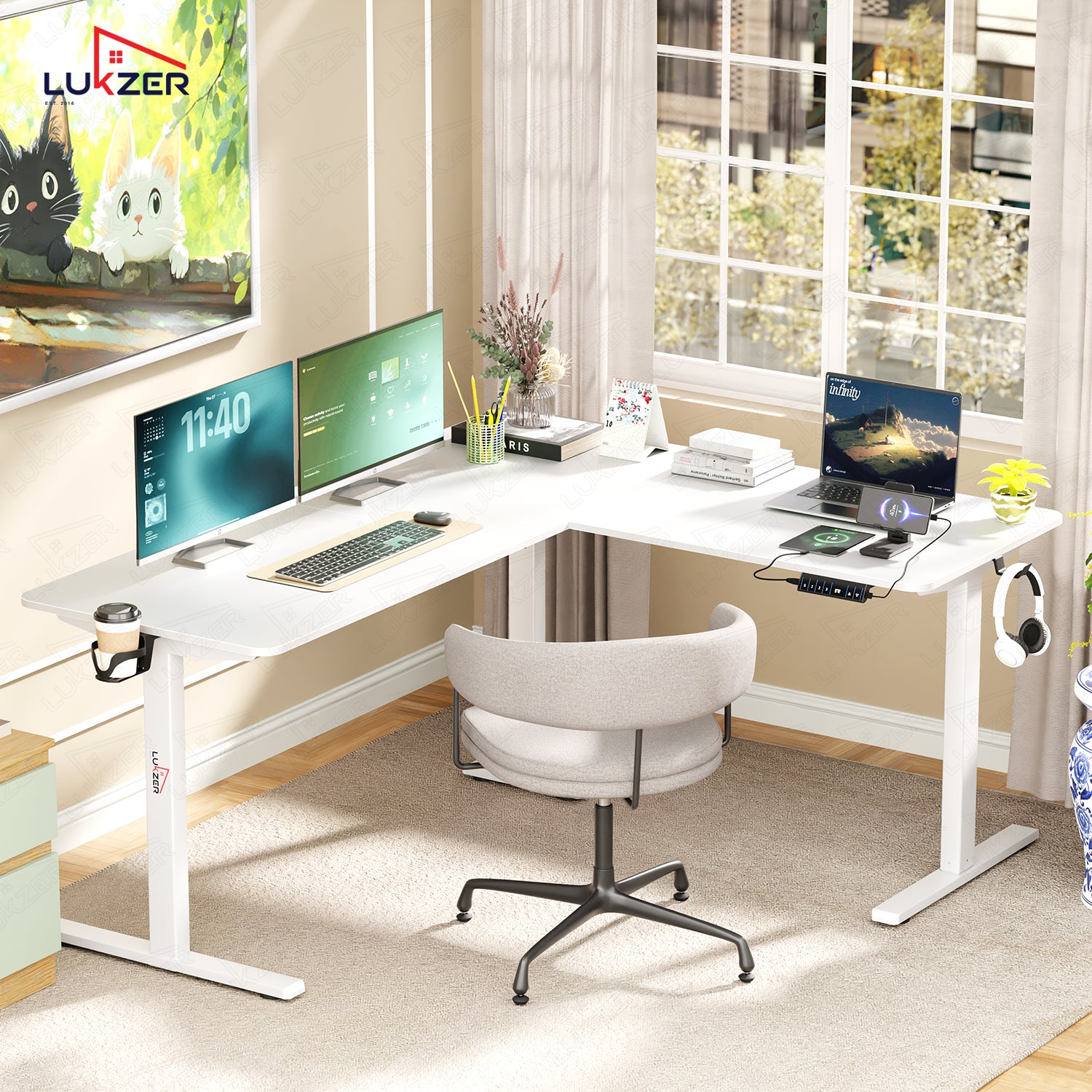Lukzer Electric Height Adjustable Desk with USB & Type-C Study Table (EST-001/UC-White & White) 3-Years Warranty