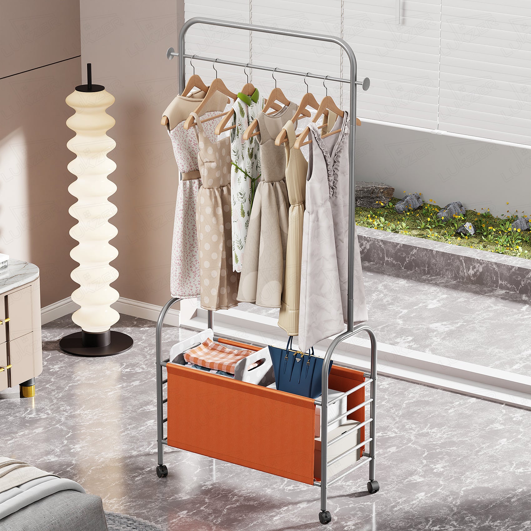 Lukzer Metal Clothes Rail Stand with 4 Side Hooks &amp; 1-Tier Leather Storage Bin, 360° Rotating Wheels | Garment Rack Organizer for Bedroom, Closet, Dorm, Laundry | MGR-009 (171 x 75 x 35)