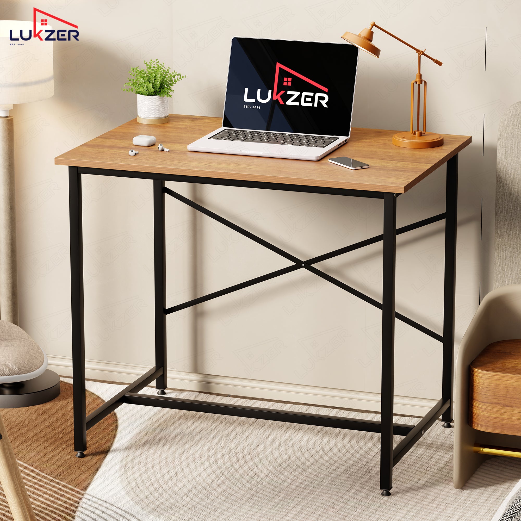 Lukzer X-Support Metal Frame & Engineered Wood Study Table for Home & Office (MST-008) Black &  Oak Brown