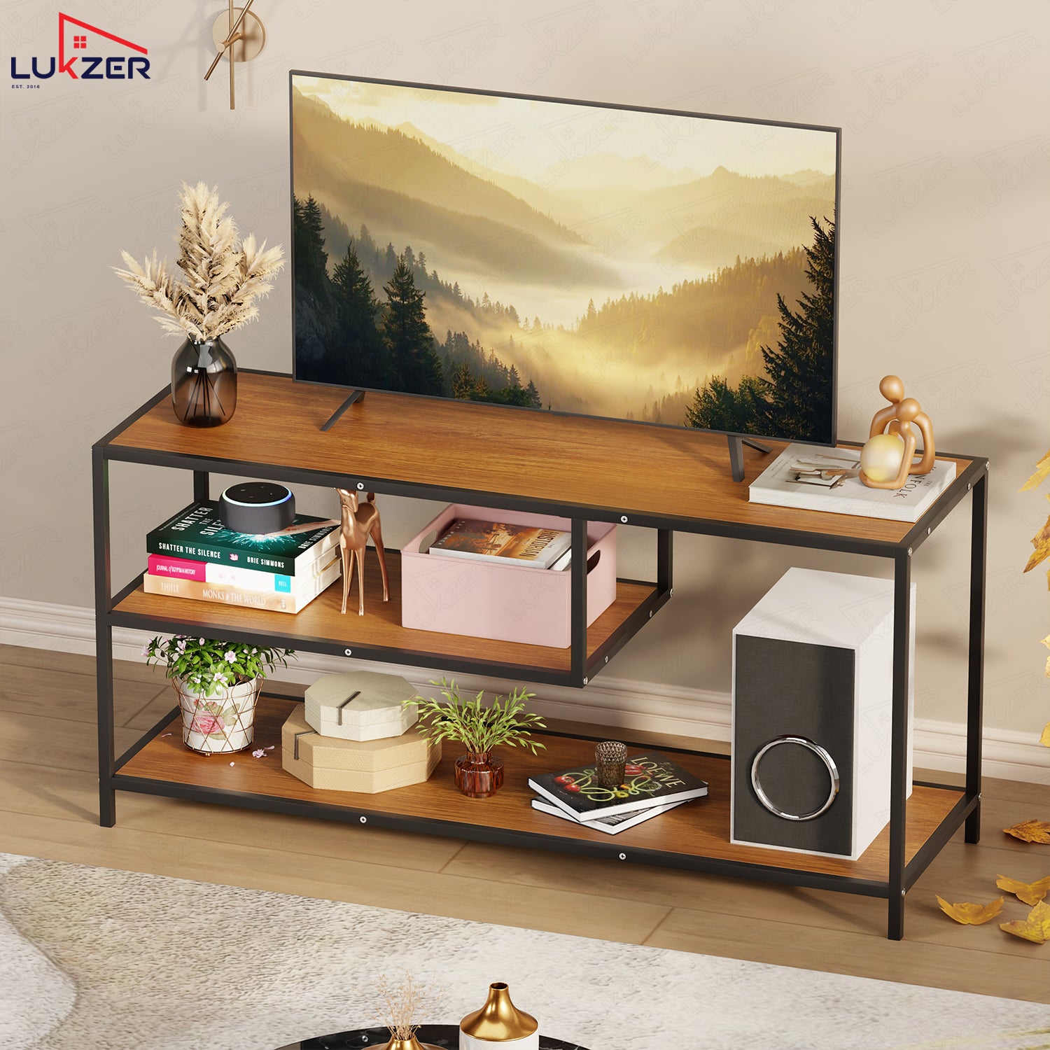 Lukzer Metal & Engineered Wood TV Unit Stand with Open Shelves (MTU-001) Black & Oak Brown