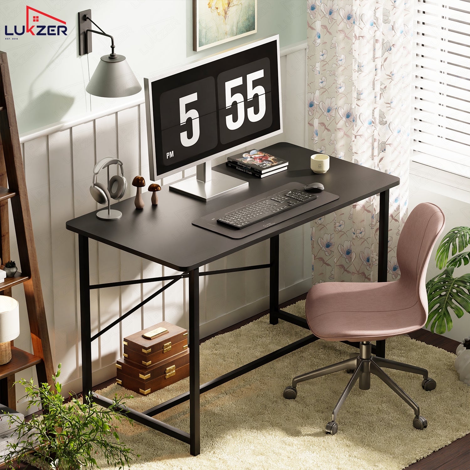 Lukzer Engineered Wood Study Table with X-Support Metal Frame & Adjustable Footpad (MST-009/Black & Black)