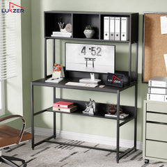 Lukzer Wooden & Metal Study Desk with 3 Storage Shelf & Open Bookshelf for Home (MST-011/Black & Black)