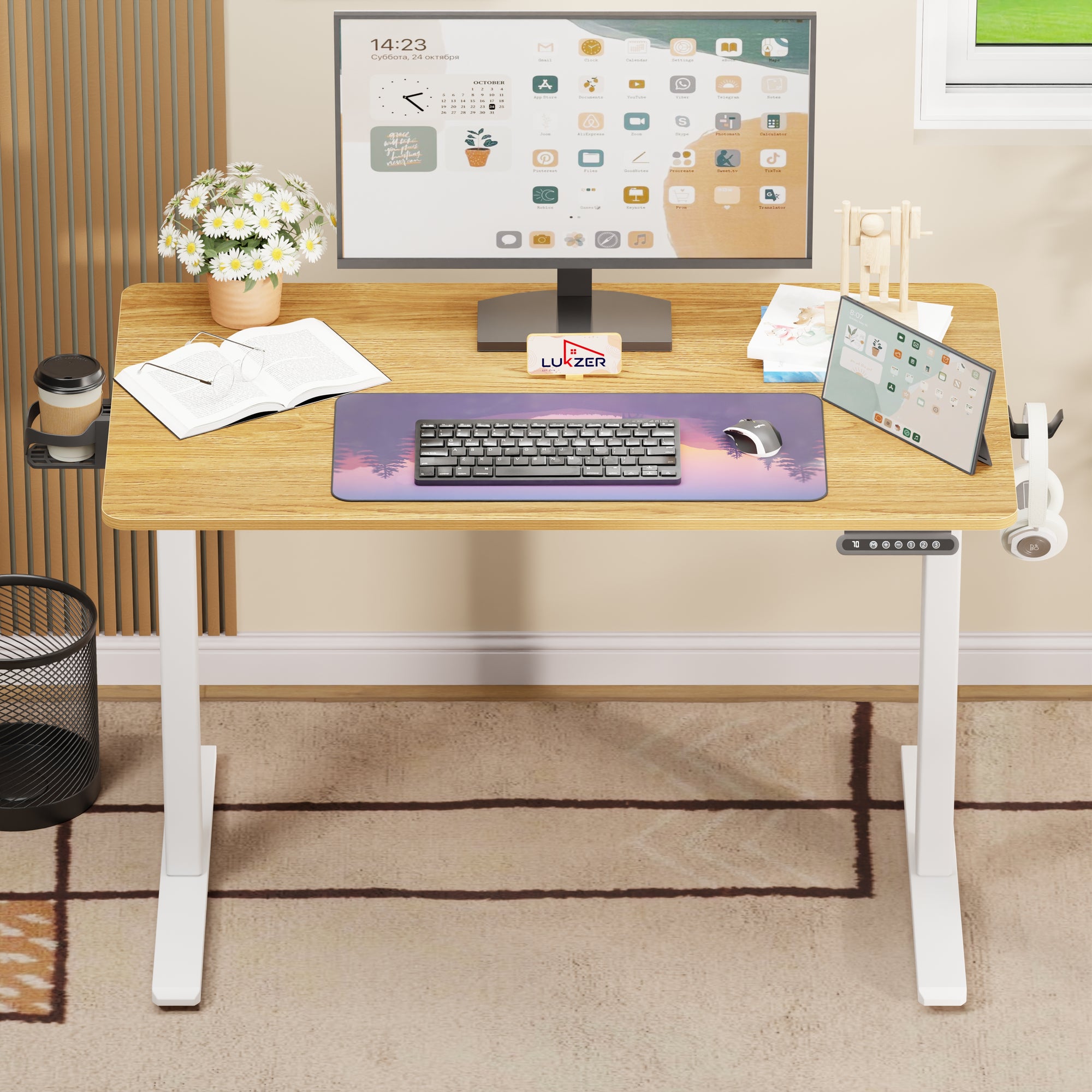 Lukzer Electric Automatic Height Adjustable Sit Stand Desk for Home &amp; Office | EST - 003 | (Black &amp; Oak Brown/Black &amp; Light Oak/Black &amp; Black/White &amp; White/White &amp; Oak Light/White &amp; Oak Brown)
