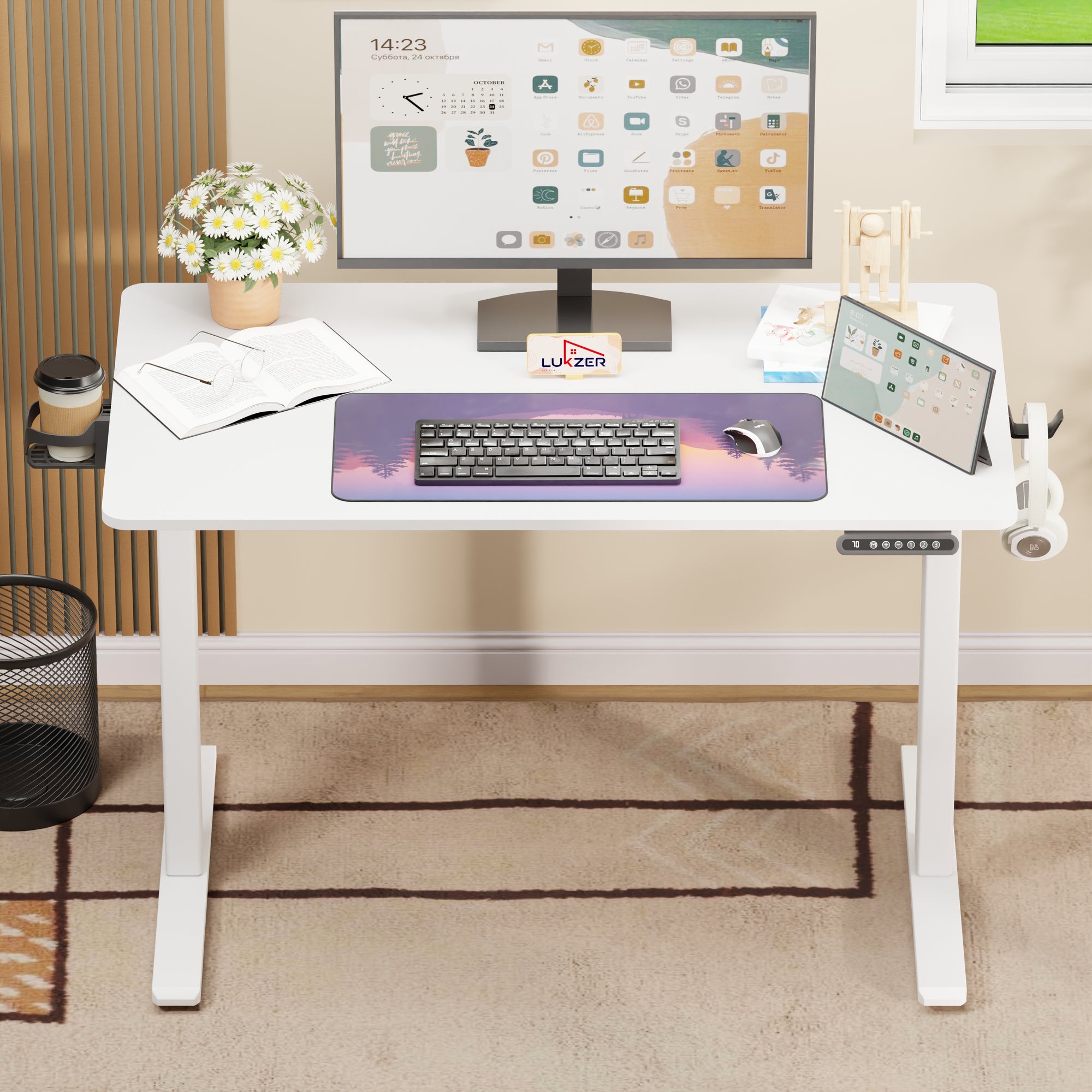 Lukzer Electric Automatic Height Adjustable Sit Stand Desk for Home &amp; Office | EST - 003 | (Black &amp; Oak Brown/Black &amp; Light Oak/Black &amp; Black/White &amp; White/White &amp; Oak Light/White &amp; Oak Brown)