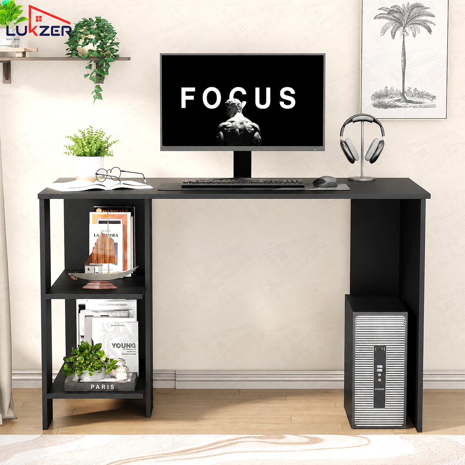 Lukzer Engineered Wood Study & Computer Table Office Desk with Bookshelf (ST-007/Black)