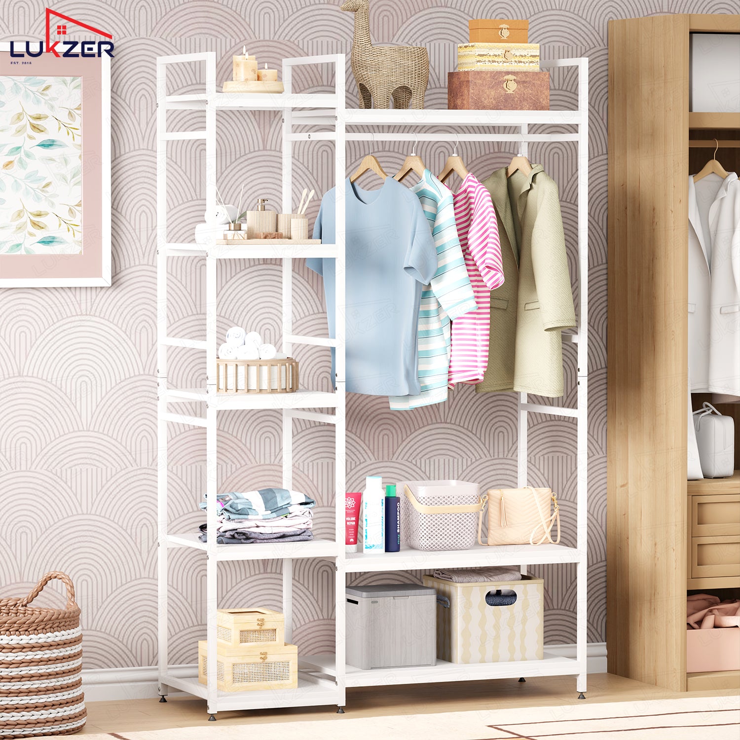 Lukzer Heavy Duty Garment Rack with 8 Shelves & Hanging Rod (MMR-004/White & White)