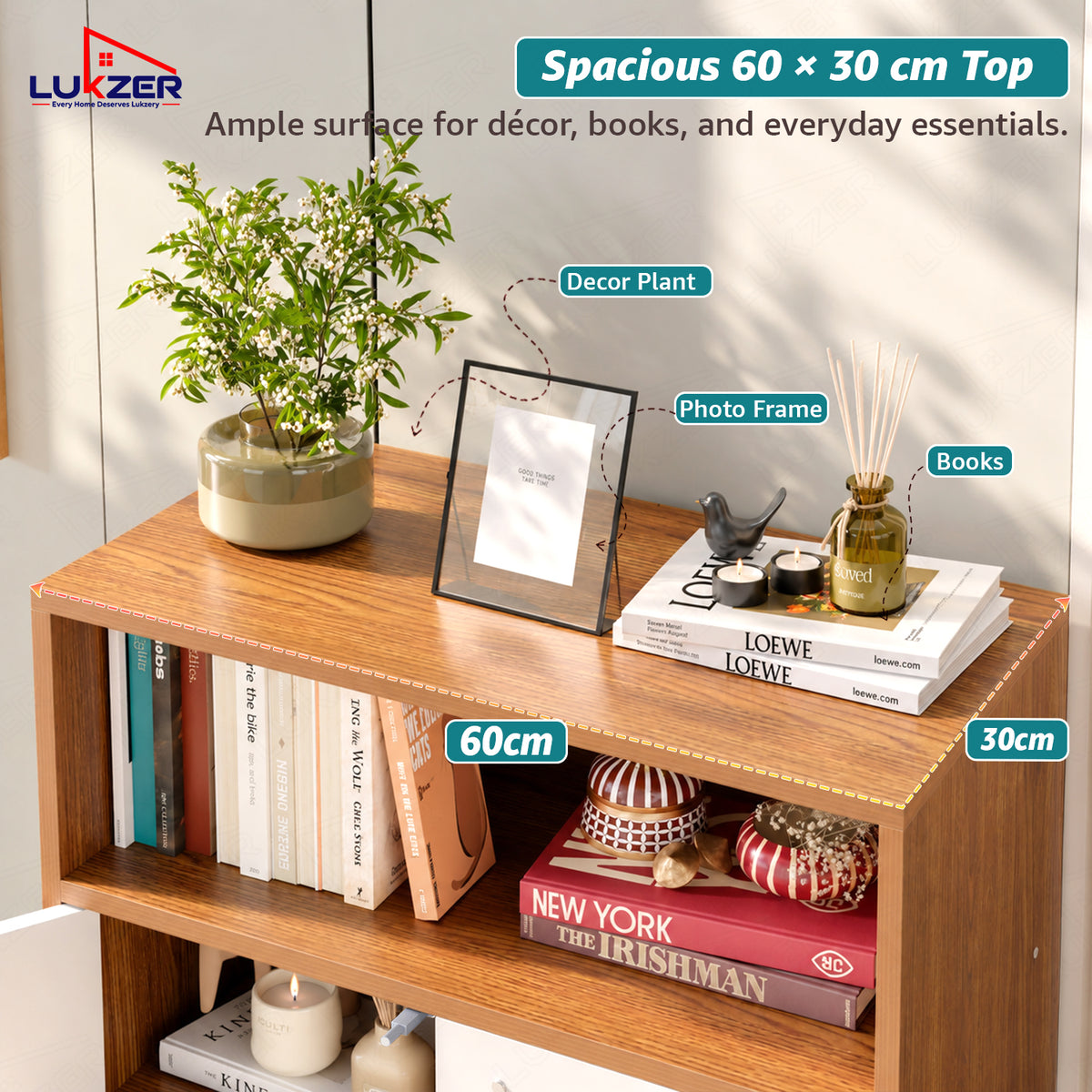 Lukzer Wooden Book Shelf & Storage Cabinet with White Doors (MR-034/Oak Brown)