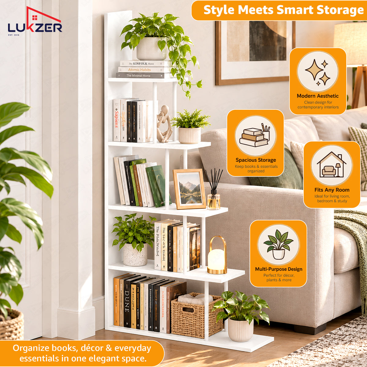 Lukzer 5-Tier Ladder Multipurpose Engineered Wood Book Shelf (MMR-015)