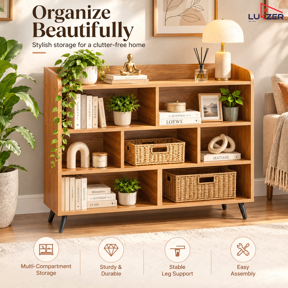Lukzer 7-Section Engineered Wood Book Shelf with Legs (MR-008L)