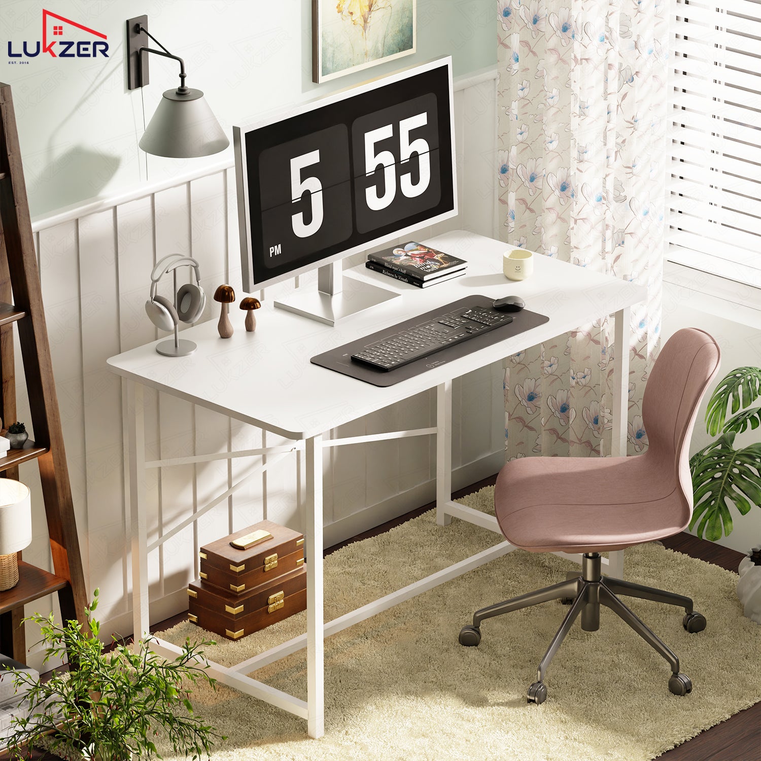 Lukzer Engineered Wood Study Table with X-Support Metal Frame & Adjustable Footpad (MST-009/White & White)