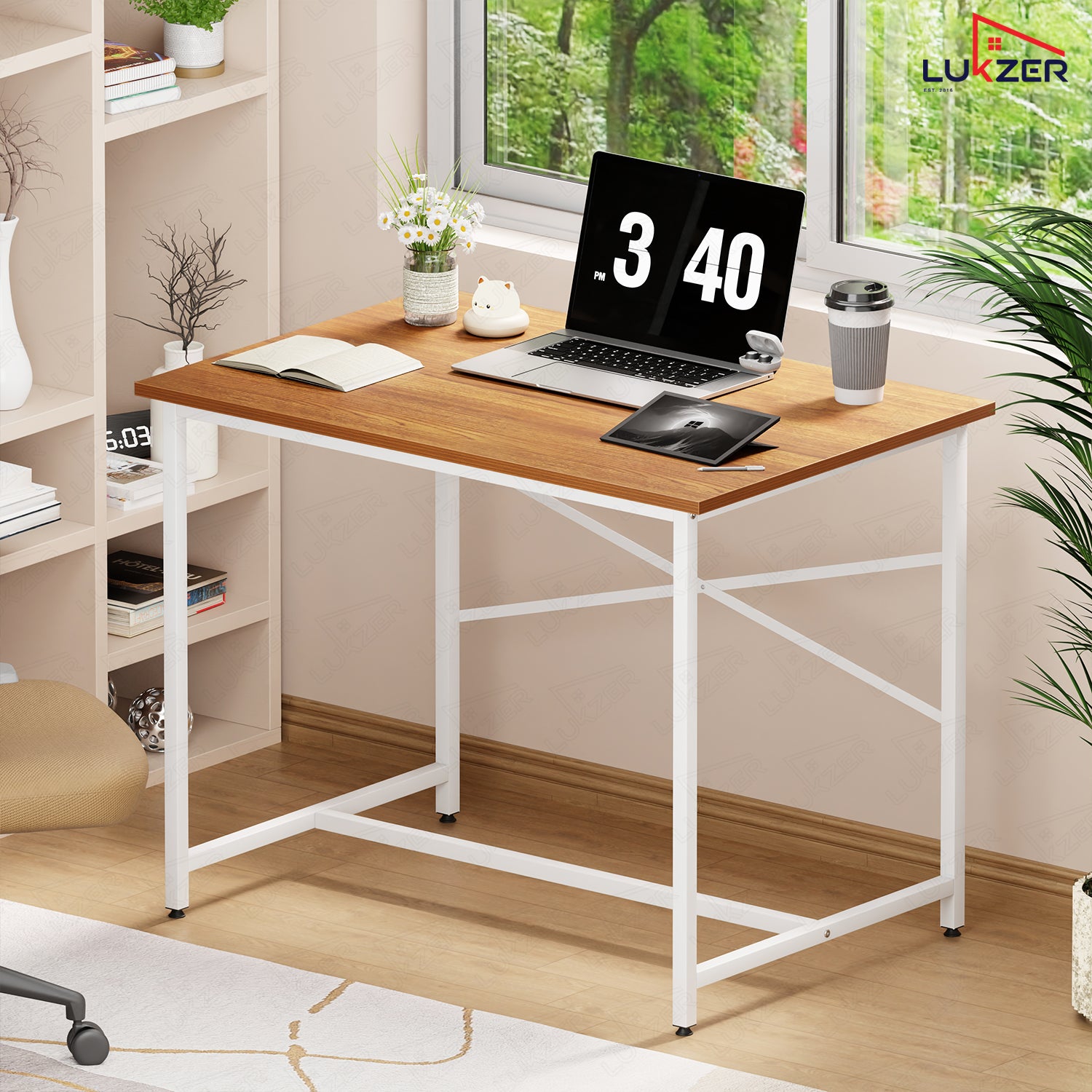Lukzer X-Support Metal Frame & Engineered Wood Study Table for Home & Office (MST-008) white &  Oak Brown