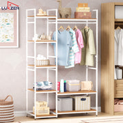 Lukzer Heavy Duty Garment Rack with 8 Shelves & Hanging Rod (MMR-004/White & Oak Brown)