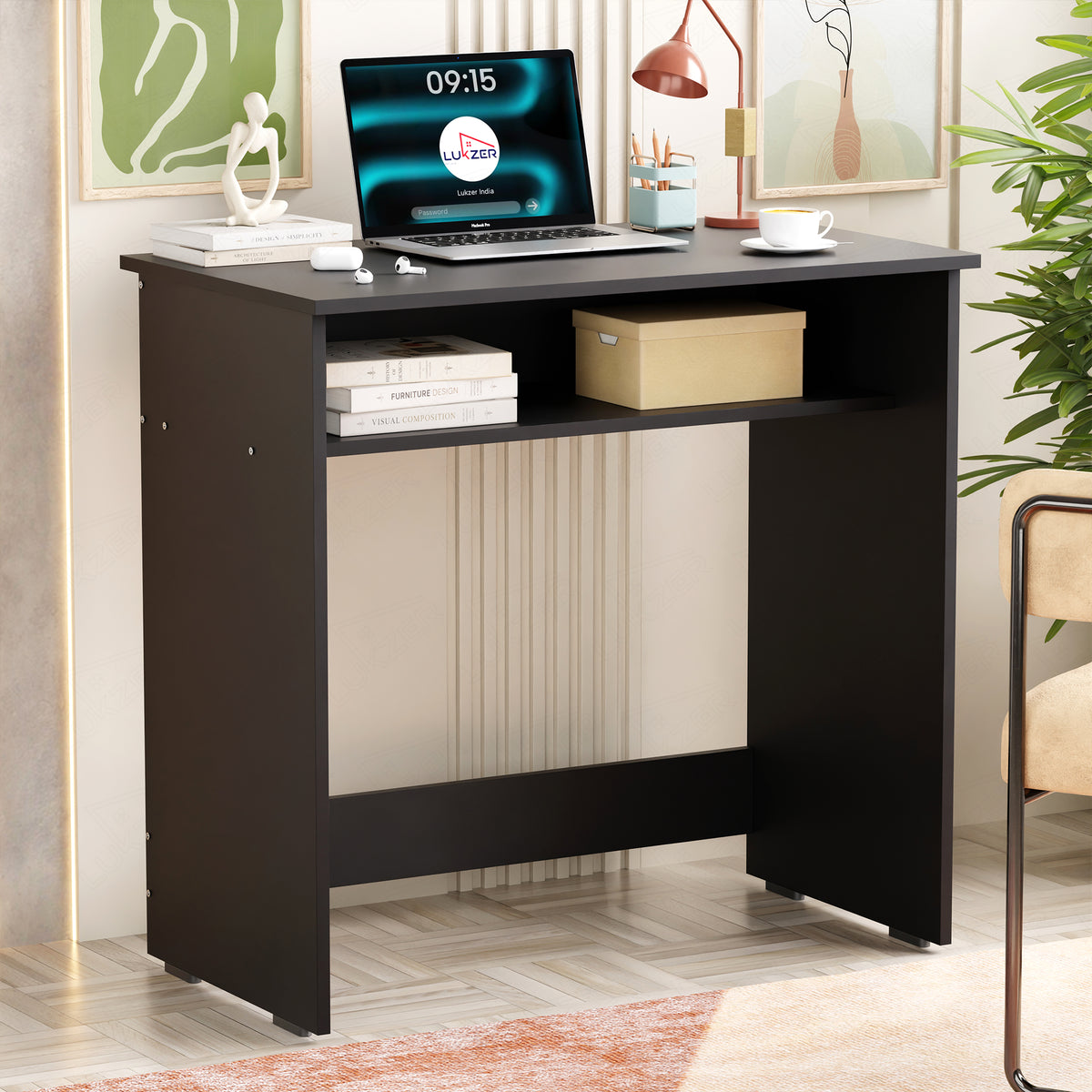 Lukzer Engineered Wood Study Table with Bookshelf (ST-002/Black)