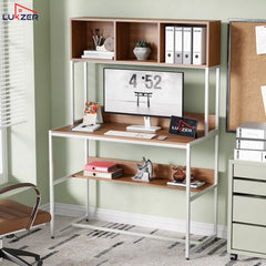 Lukzer Wooden & Metal Study Desk with 3 Storage Shelf & Open Bookshelf for Home (MST-011/White & Oak Brown)
