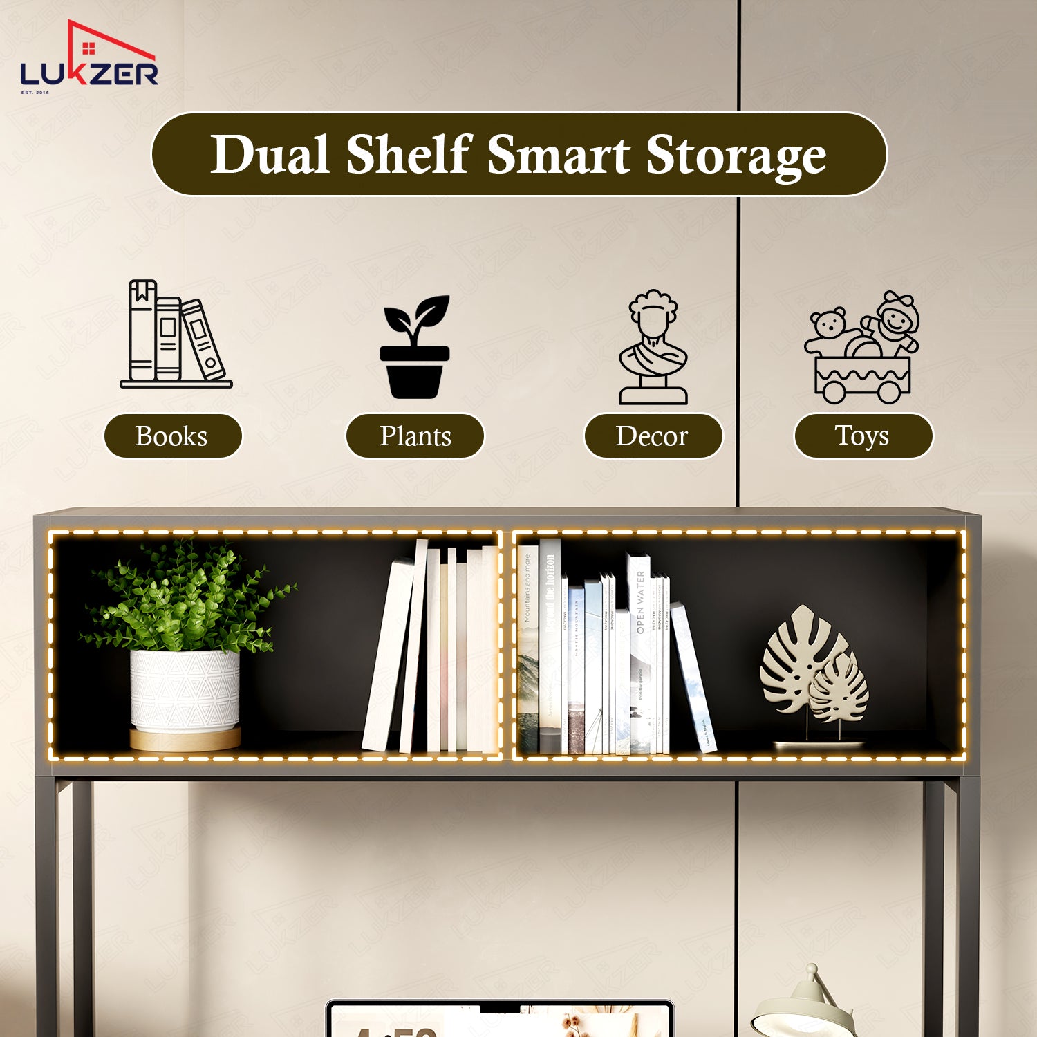 Lukzer Modern Study Table with Open Bookshelf & Hutch (MST-010/Black & Black)
