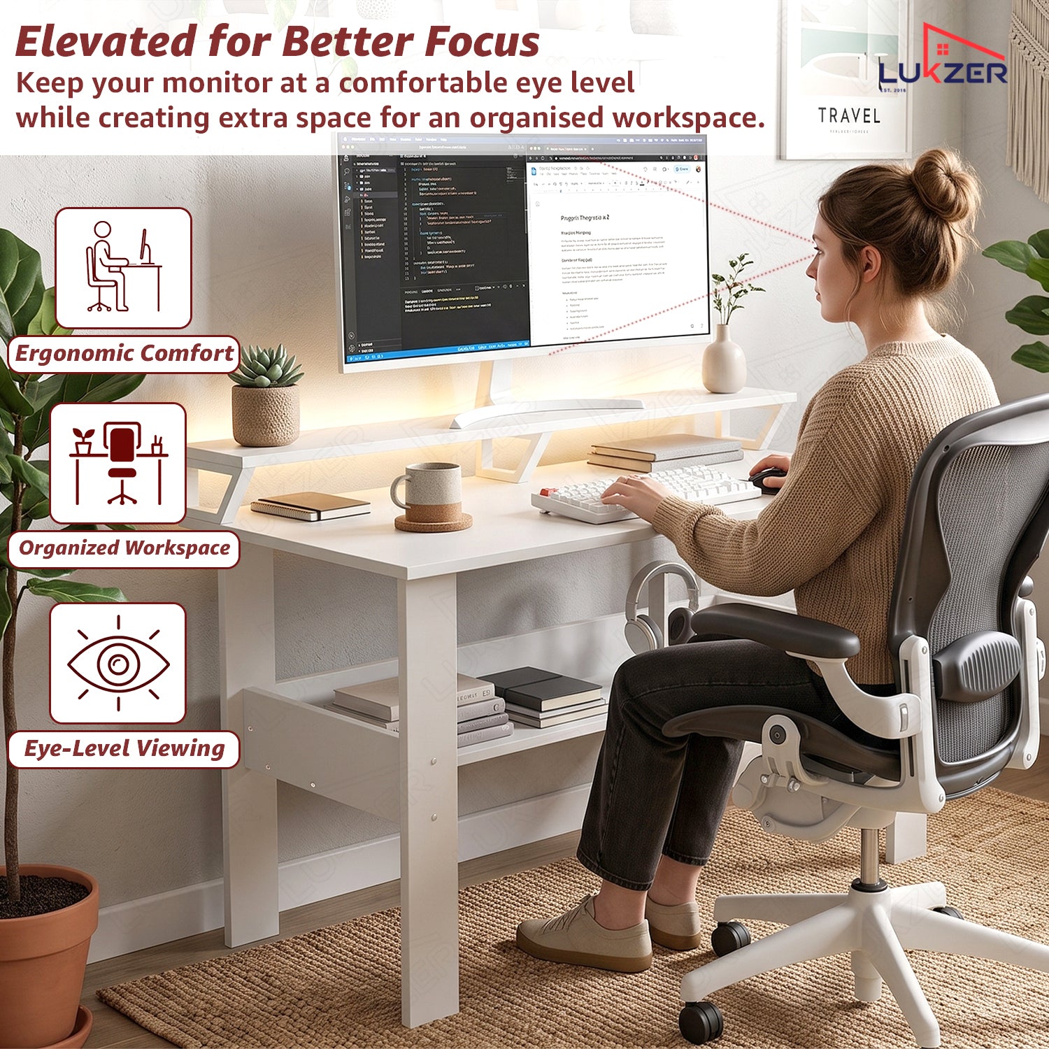 Lukzer Study Table with Monitor Riser & Open Book Shelf (MST-004/White)