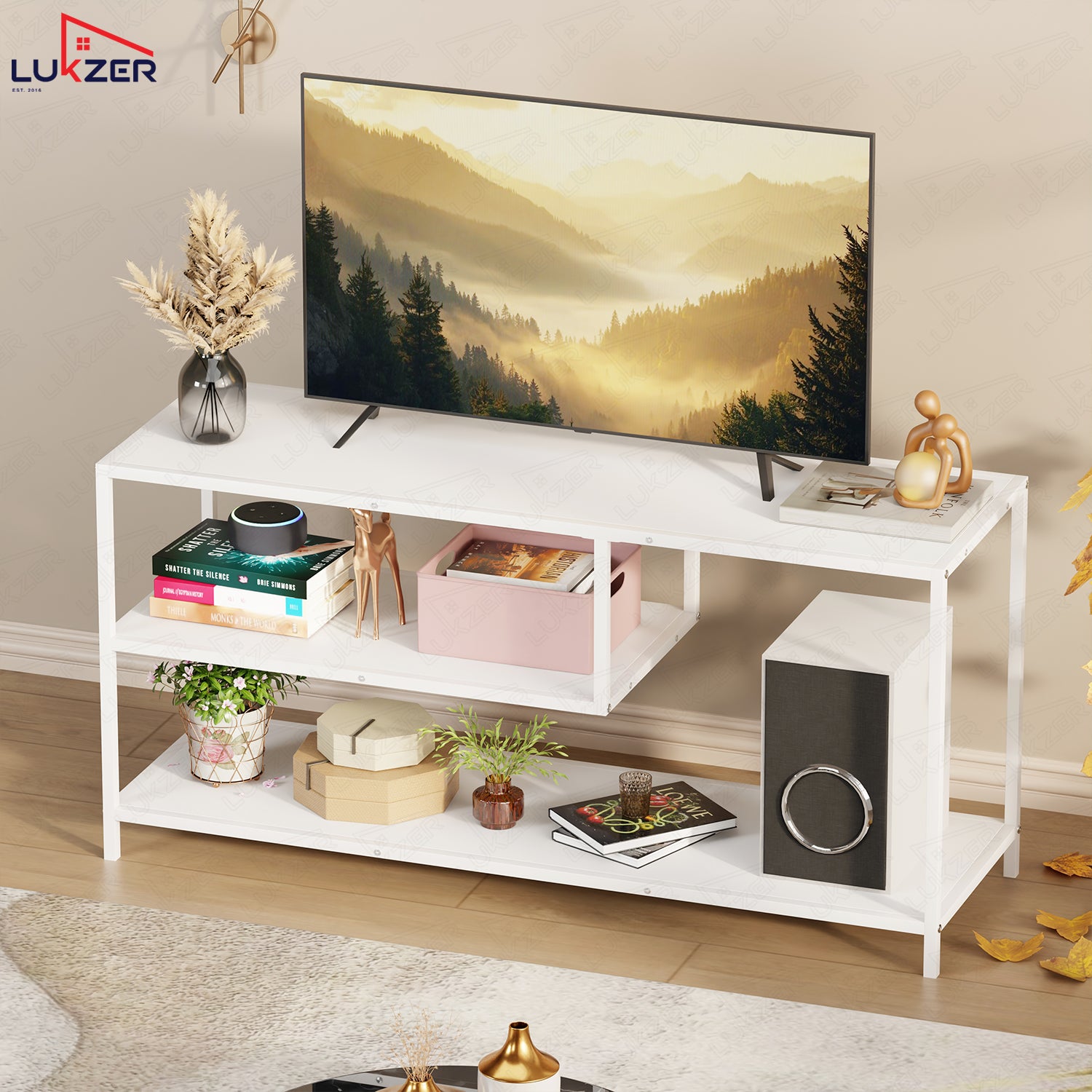 Lukzer Metal & Engineered Wood TV Unit Stand with Open Shelves (MTU-001) White & White