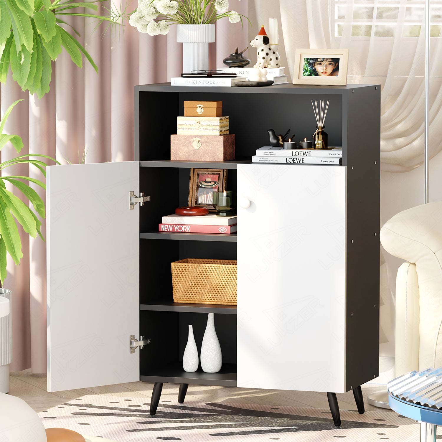 Lukzer Wooden Book Shelf & Storage Cabinet with White Doors (MR-034/Black)