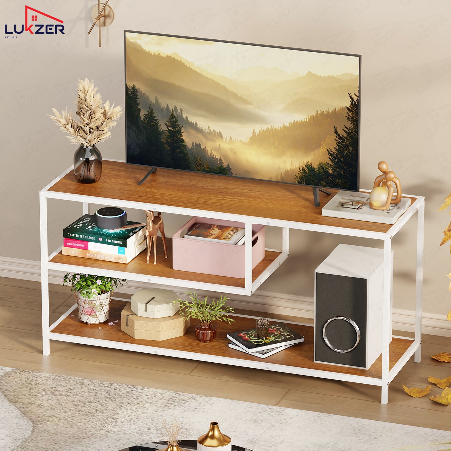 Lukzer Metal & Engineered Wood TV Unit Stand with Open Shelves (MTU-001) White & Oak Brown