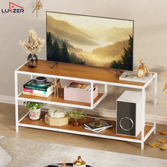 Lukzer Metal & Engineered Wood TV Unit Stand with Open Shelves (MTU-001) White & Oak Brown