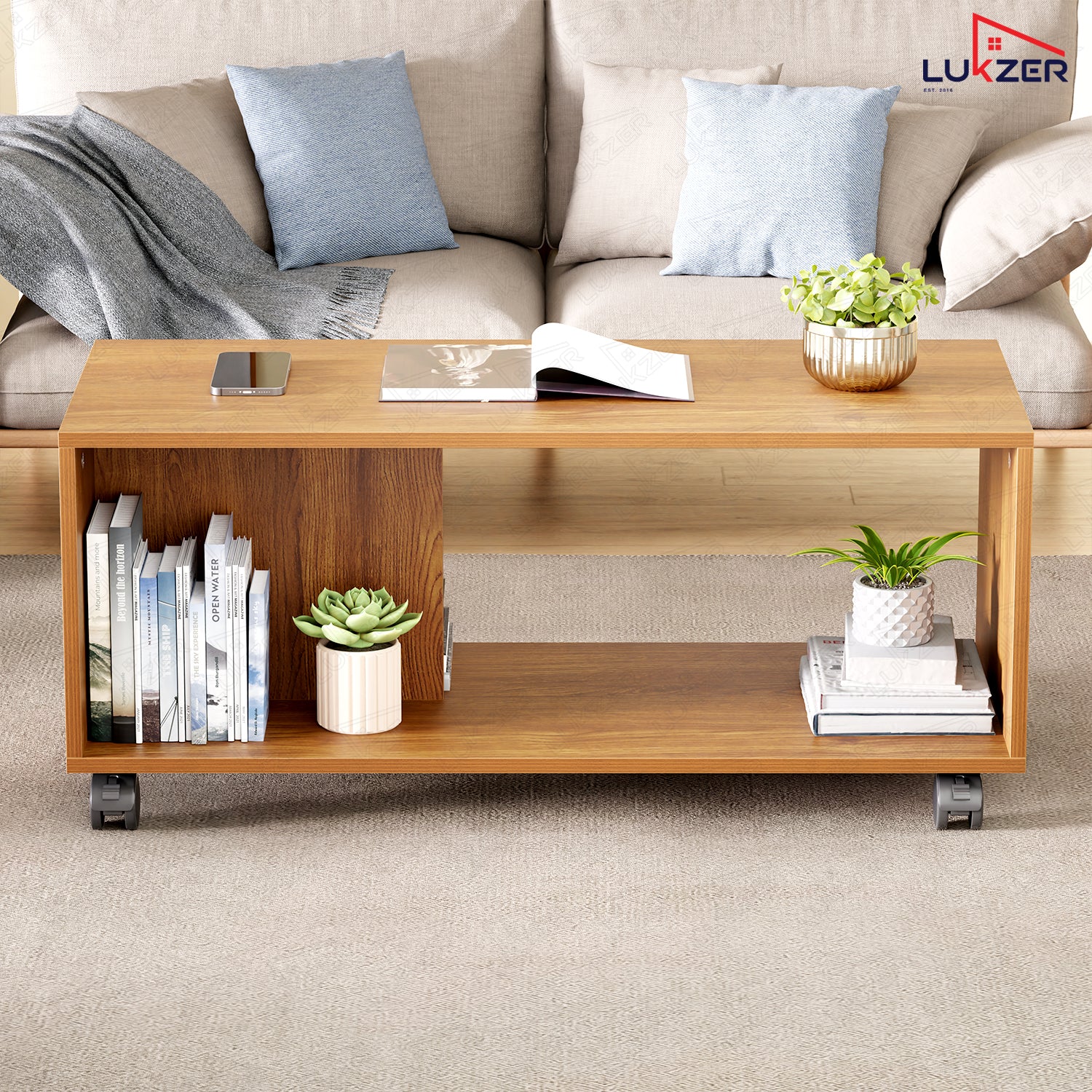Lukzer Engineered Wood Center Table with Wheels Open Storage Desk (CT-003/Oak Brown)